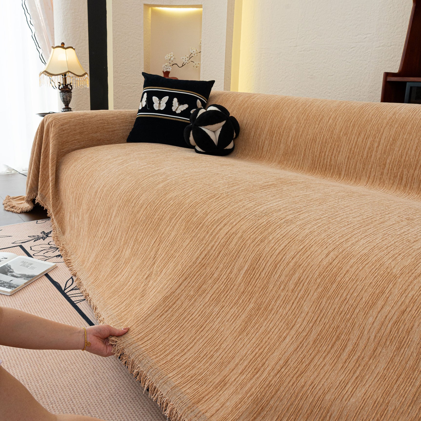 Washable Textured Sofa Cover Throw for Pets, Dogs Furniture Protector with Tassels - Ornate Home