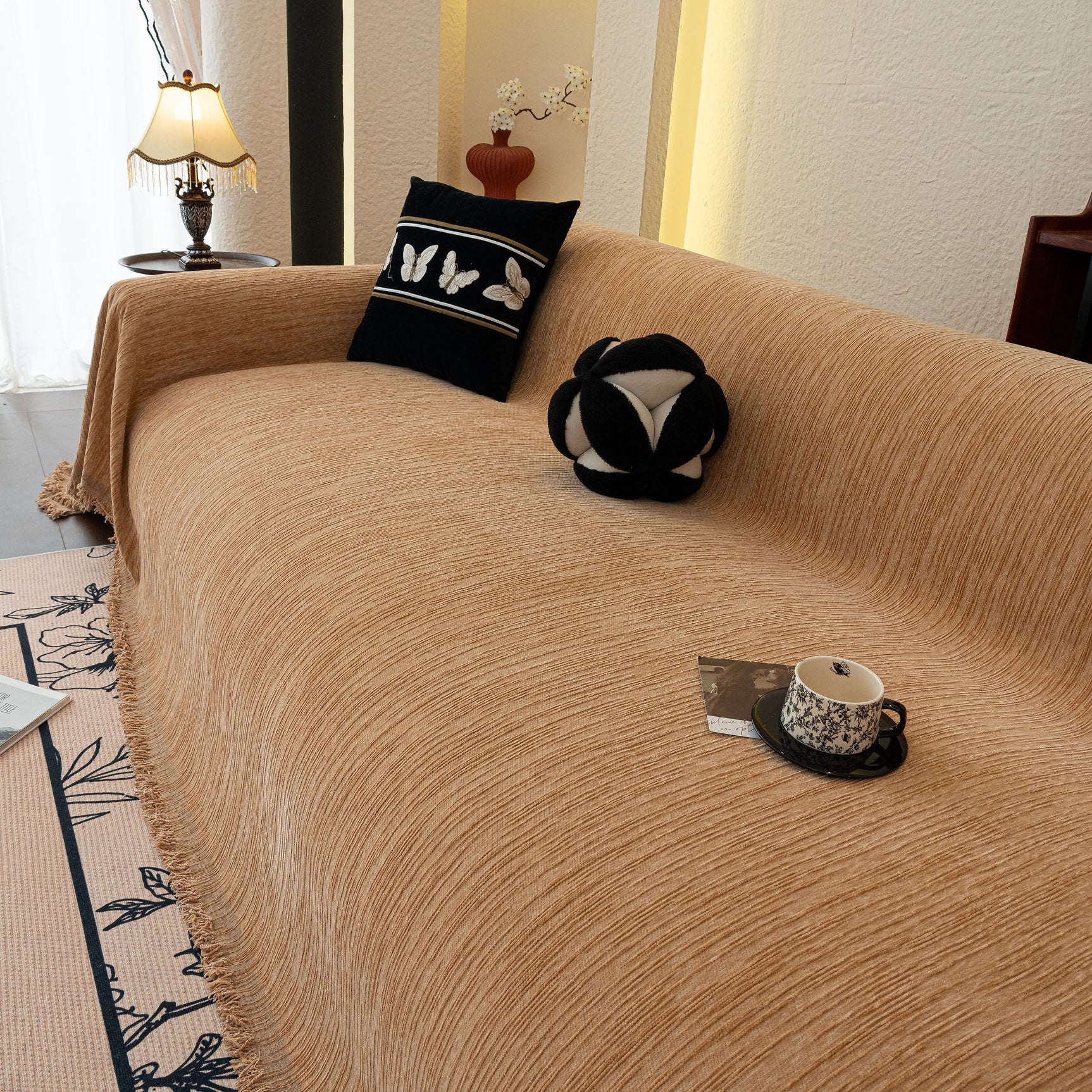 Washable Textured Sofa Cover Throw for Pets, Dogs Furniture Protector with Tassels - Ornate Home