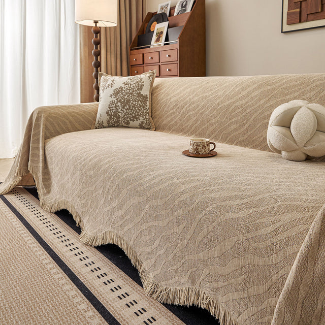 Wavy Wave Pattern Woven Couch Cover with Fringe Tassel, Soft Furniture Cover Protector - Ornate Home