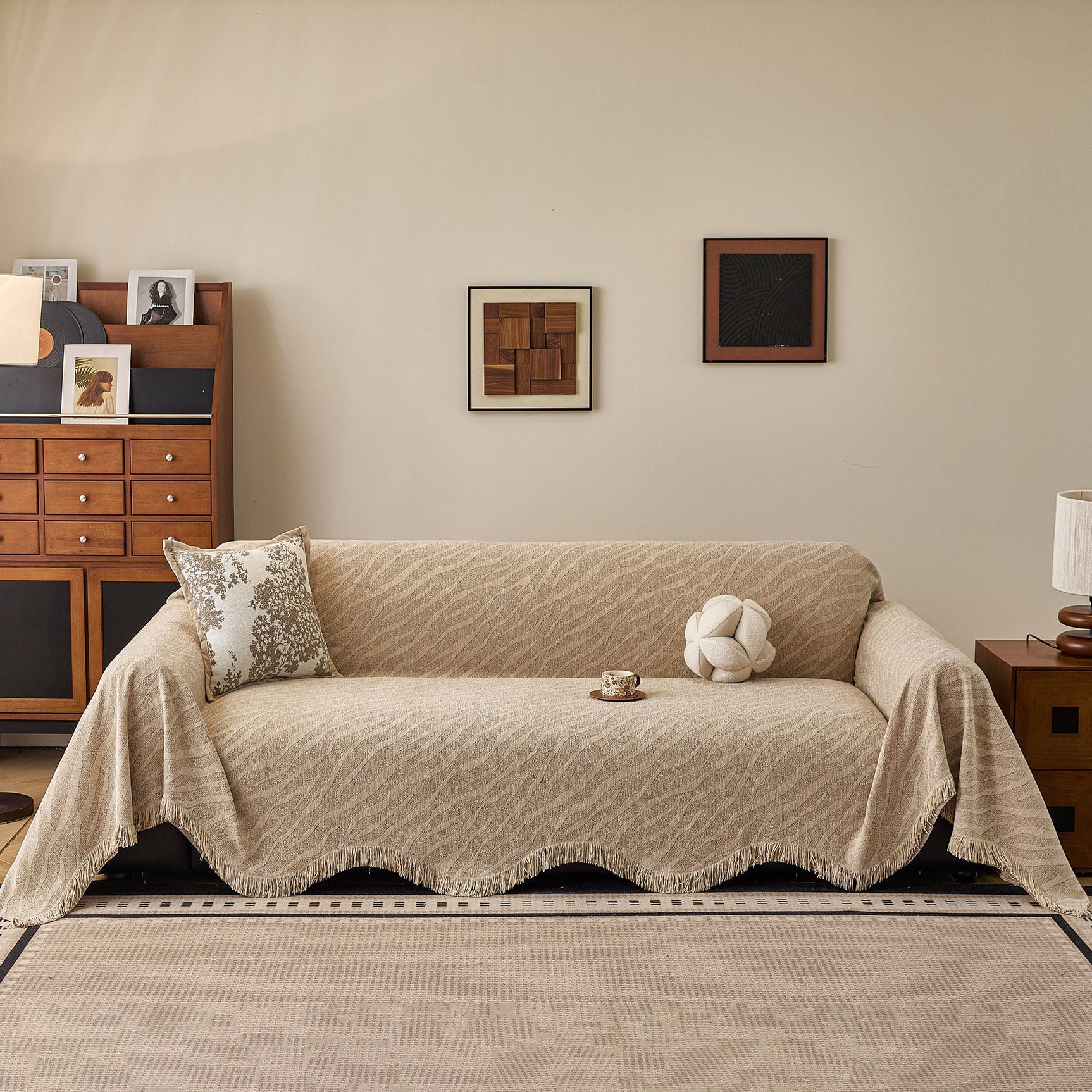 Wavy Wave Pattern Woven Couch Cover with Fringe Tassel, Soft Furniture Cover Protector - Ornate Home