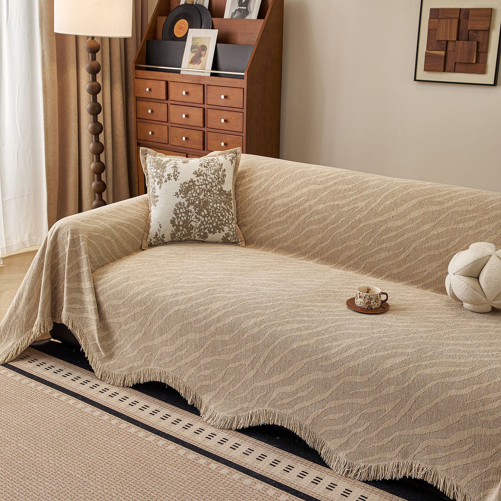 Wavy Wave Pattern Woven Couch Cover with Fringe Tassel, Soft Furniture Cover Protector - Ornate Home