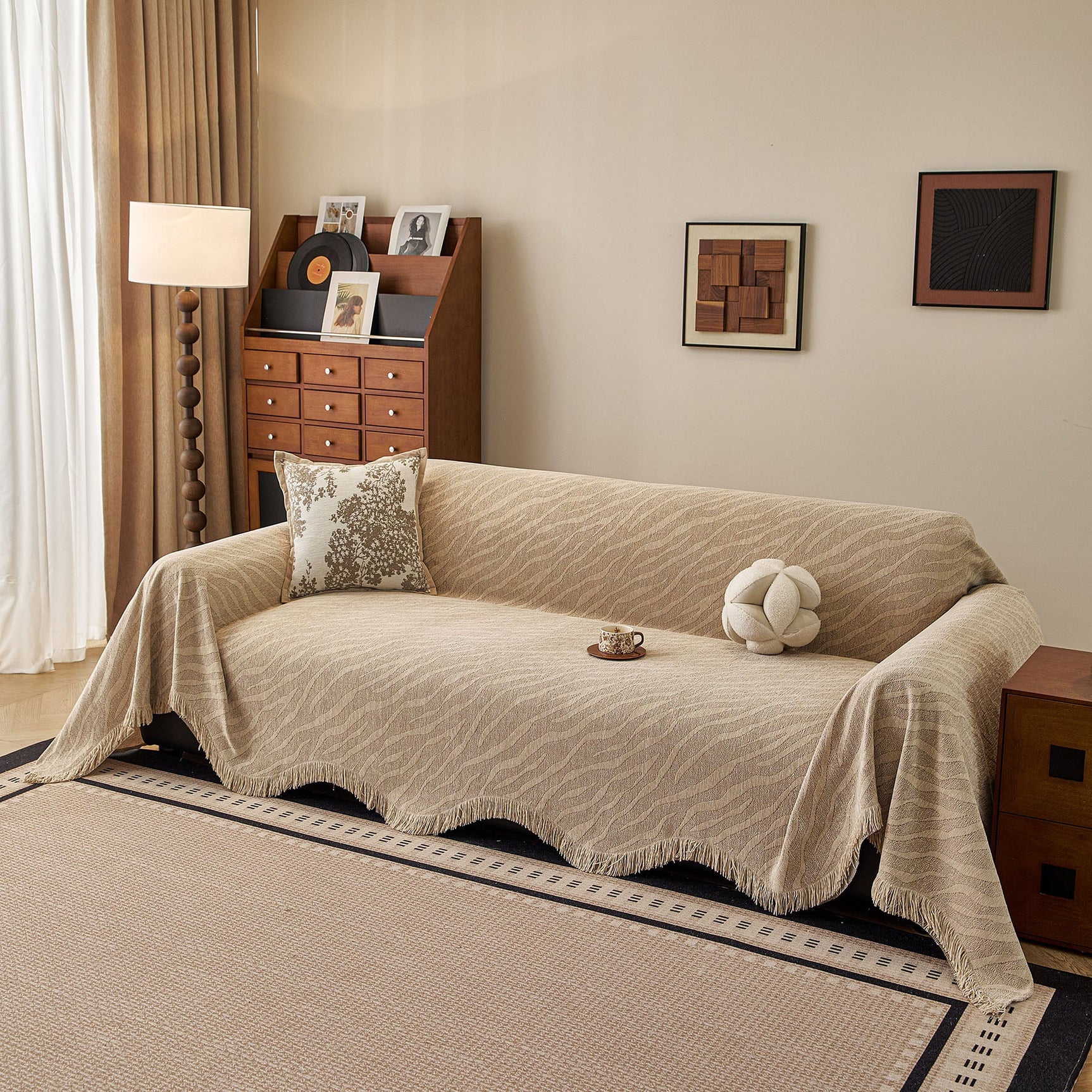 Wavy Wave Pattern Woven Couch Cover with Fringe Tassel, Soft Furniture Cover Protector - Ornate Home
