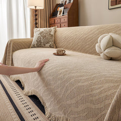 Wavy Wave Pattern Woven Couch Cover with Fringe Tassel, Soft Furniture Cover Protector - Ornate Home