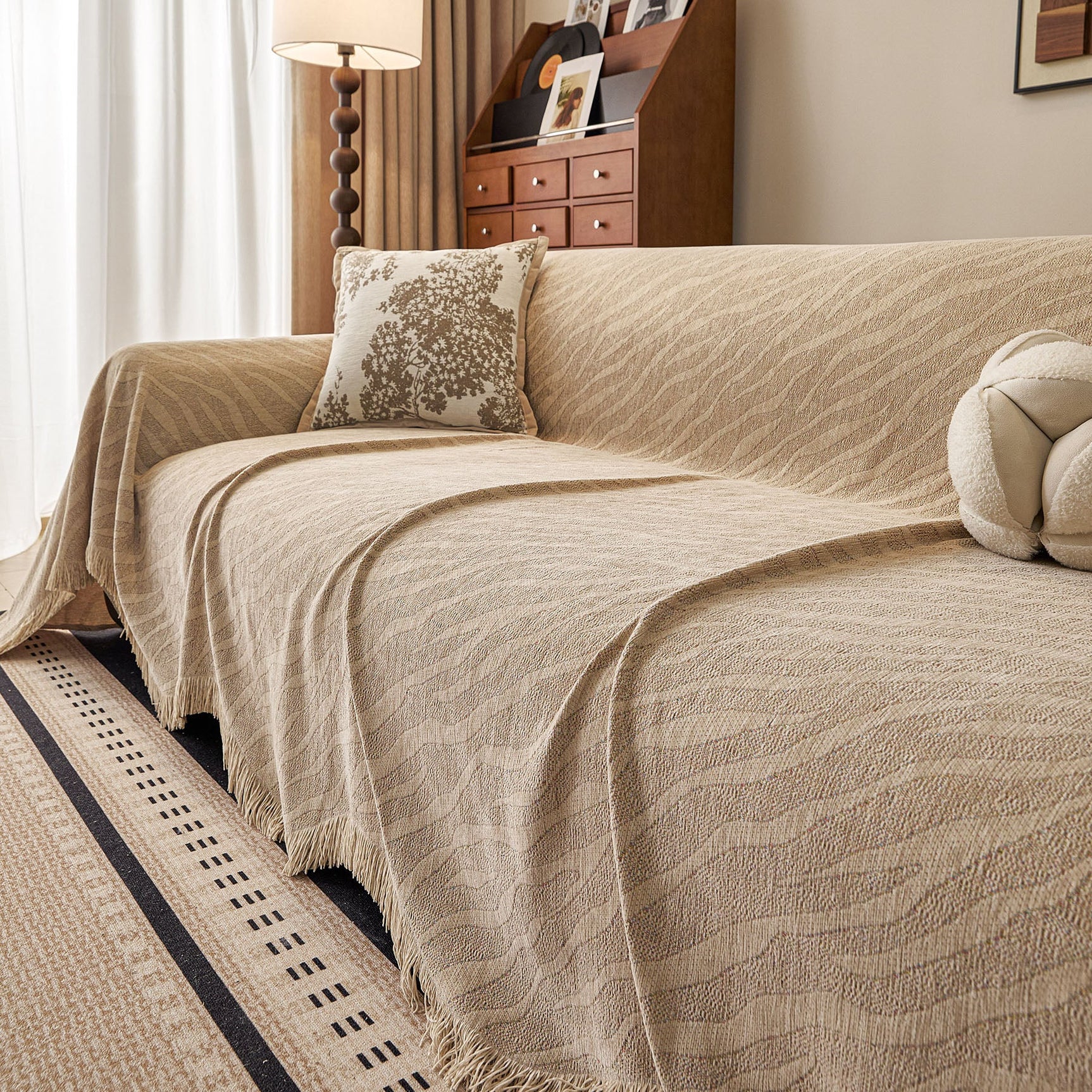 Wavy Wave Pattern Woven Couch Cover with Fringe Tassel, Soft Furniture Cover Protector - Ornate Home
