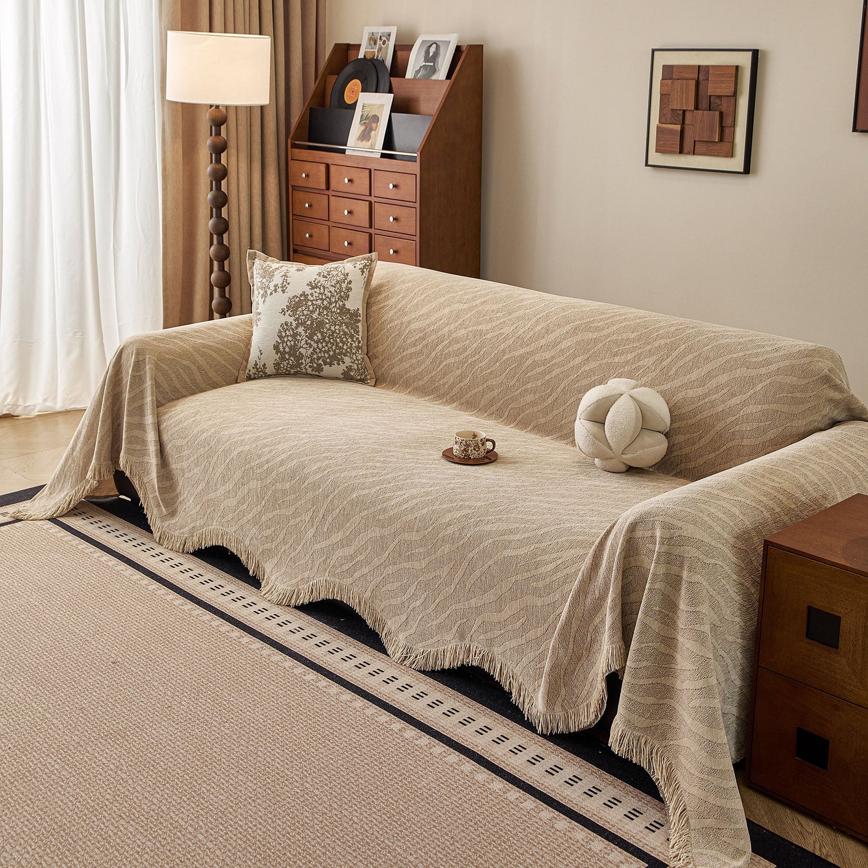 Wavy Wave Pattern Woven Couch Cover with Fringe Tassel, Soft Furniture Cover Protector - Ornate Home