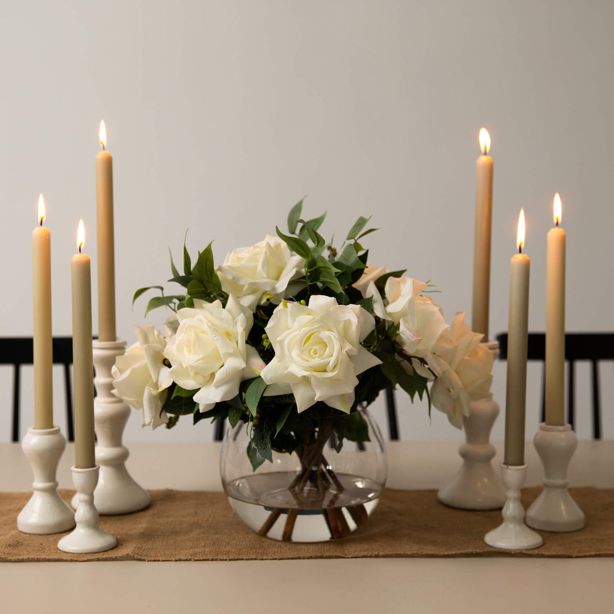 Wedding Collection 16" Artificial Roses and Mixed Greens Arrangement in Glass Vase