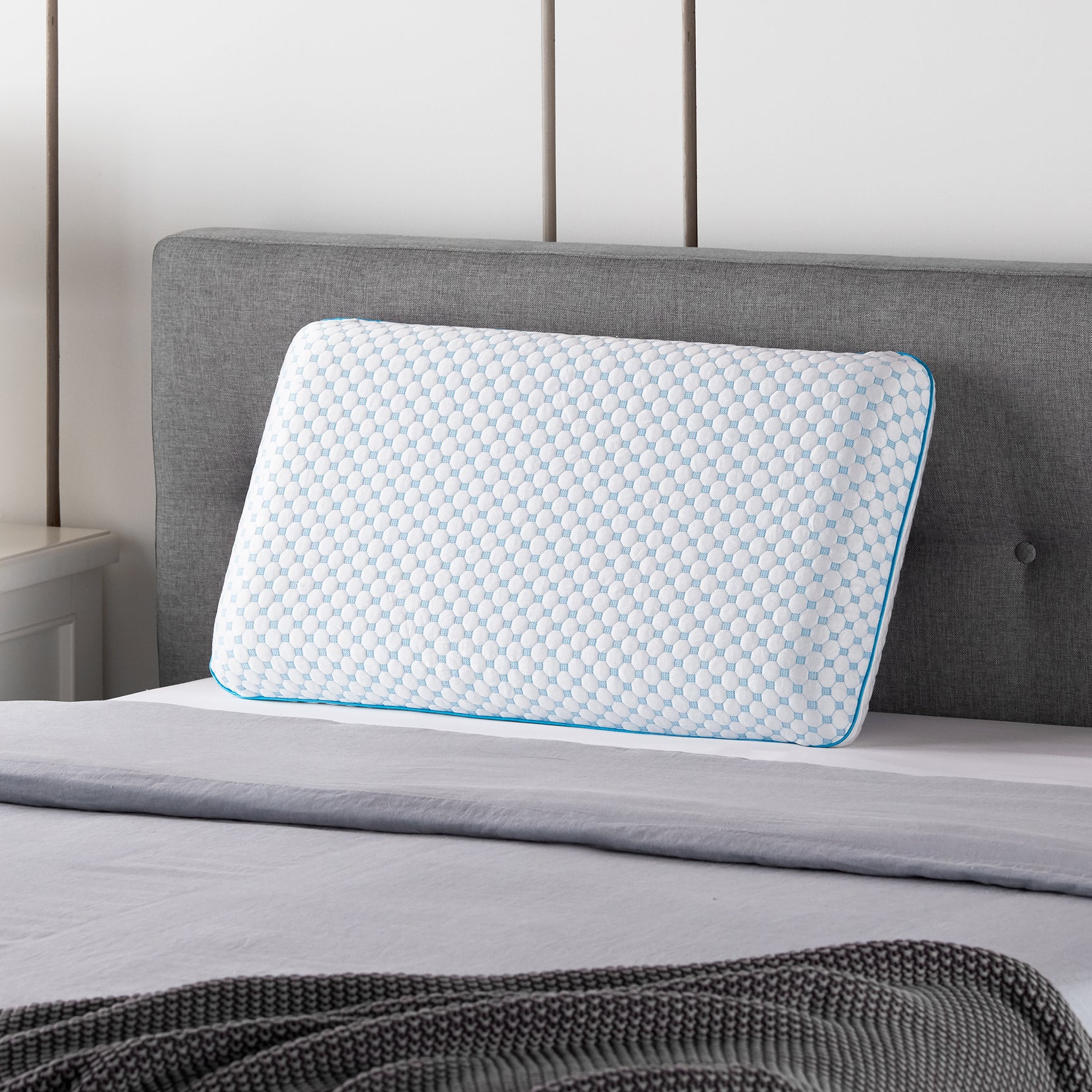 Weekender White/Blue Standard Gel Memory Foam Pillow + Reversible Cooling Cover - Ornate Home