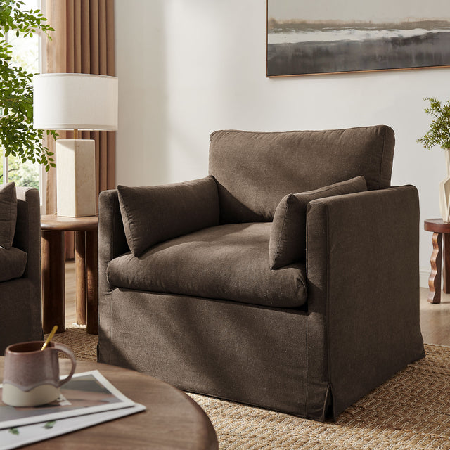 Wellfleet Cocoa Slipcovered Linen-Blend Armchair - Ornate Home