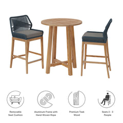 Wellspring Blue/Graphite 3-Piece Outdoor Patio Teak Wood Bar Set - Ornate Home