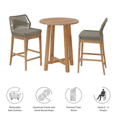 Wellspring Light Gray Greige 3-Piece Outdoor Patio Teak Wood Bar Set - Ornate Home