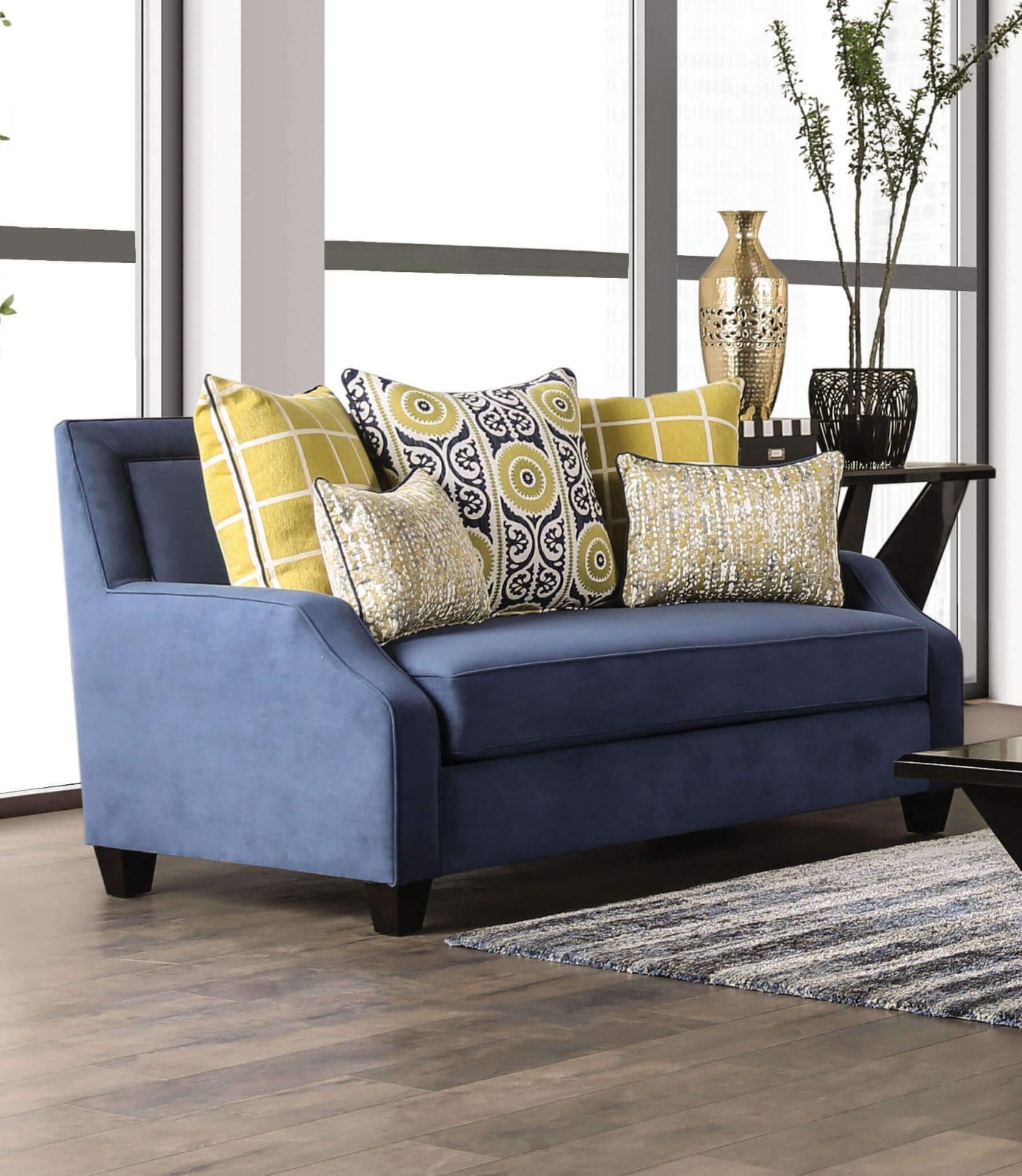 West brompton Navy/Yellow Sofa & Loveseat - Ornate Home