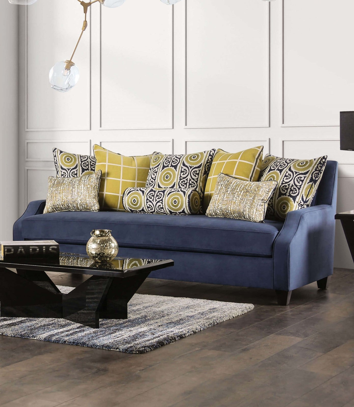 West brompton Navy/Yellow Sofa & Loveseat - Ornate Home