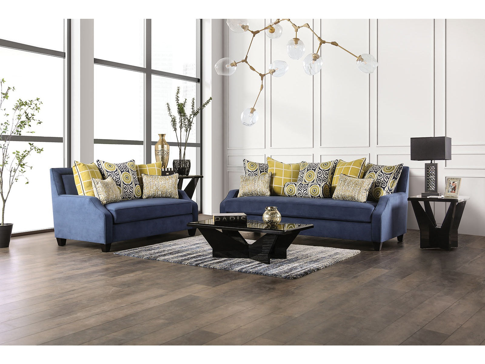 West brompton Navy/Yellow Sofa & Loveseat - Ornate Home