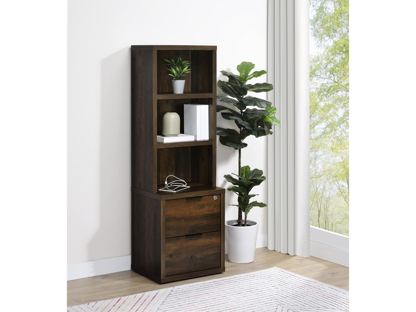 Westpark Dark Pine 3-shelf Bookcase USB and Lockable Drawer - Ornate Home