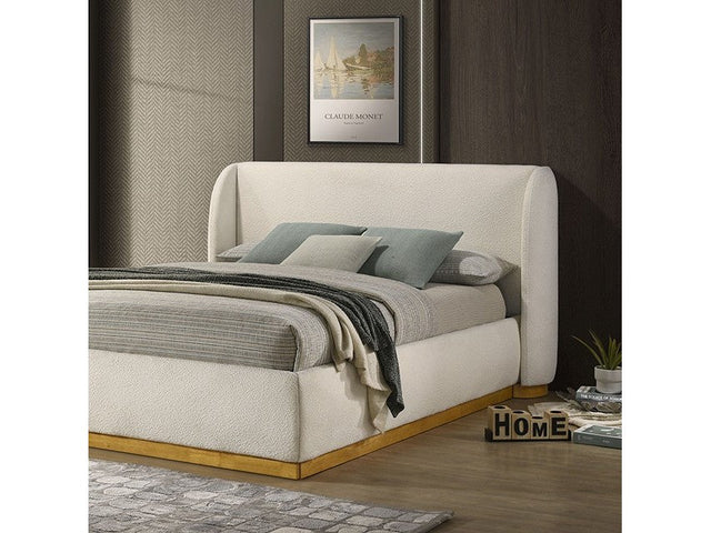 Whitman White Boucle/Natural Oak Upholstered Queen Bed - Ornate Home