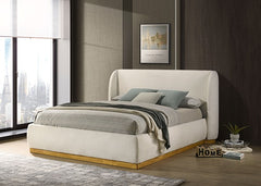 Whitman White Boucle/Natural Oak Upholstered Queen Bed - Ornate Home