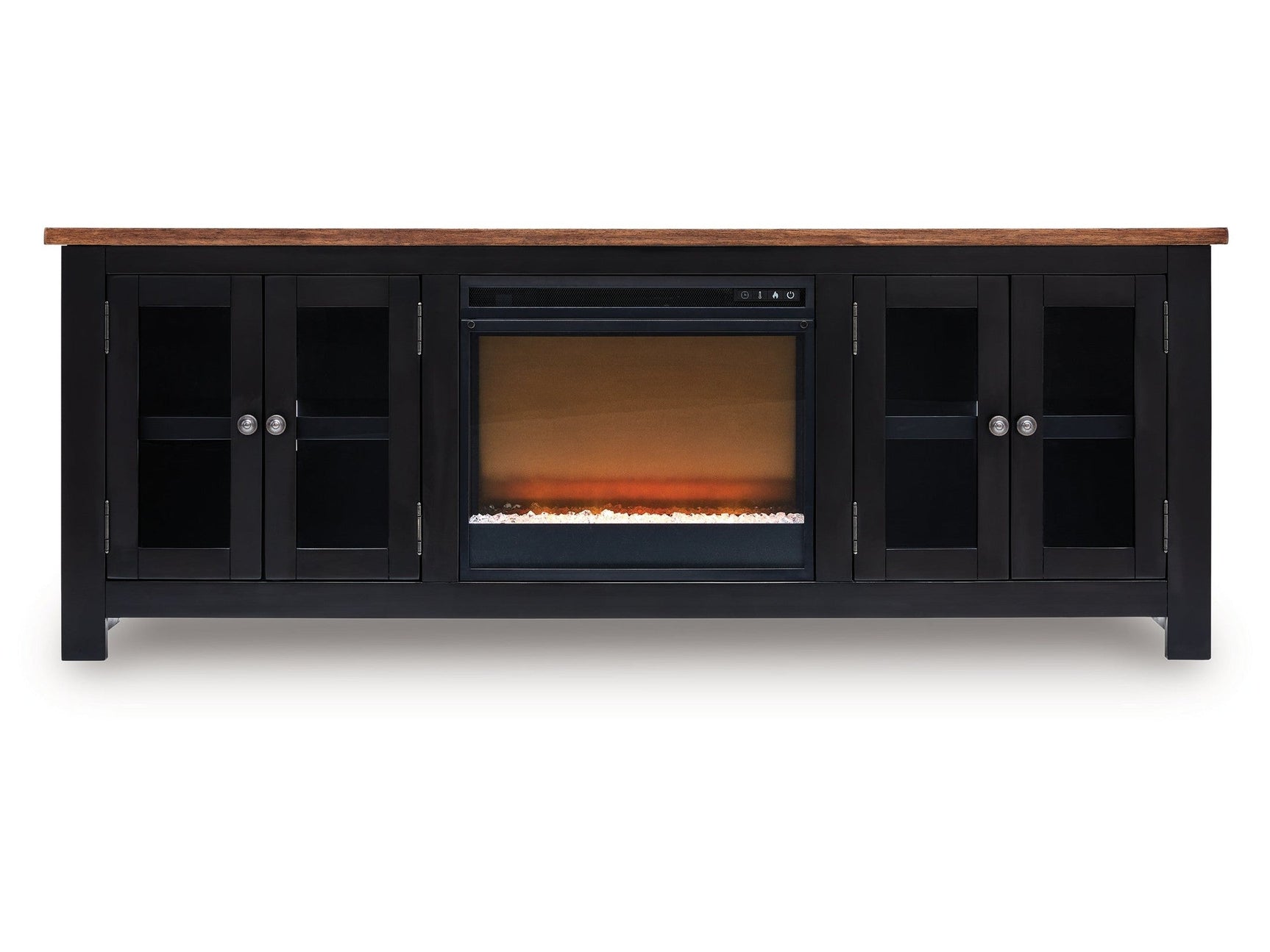 Wildenauer Brown/Black 76" TV Stand with Electric Fireplace (faux glass crystals) (Online Special Price) - Ornate Home