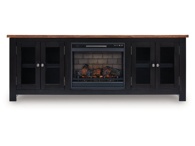 Wildenauer Brown/Black 76" TV Stand with Electric Fireplace (realistic-looking log) (Online Special Price) - Ornate Home