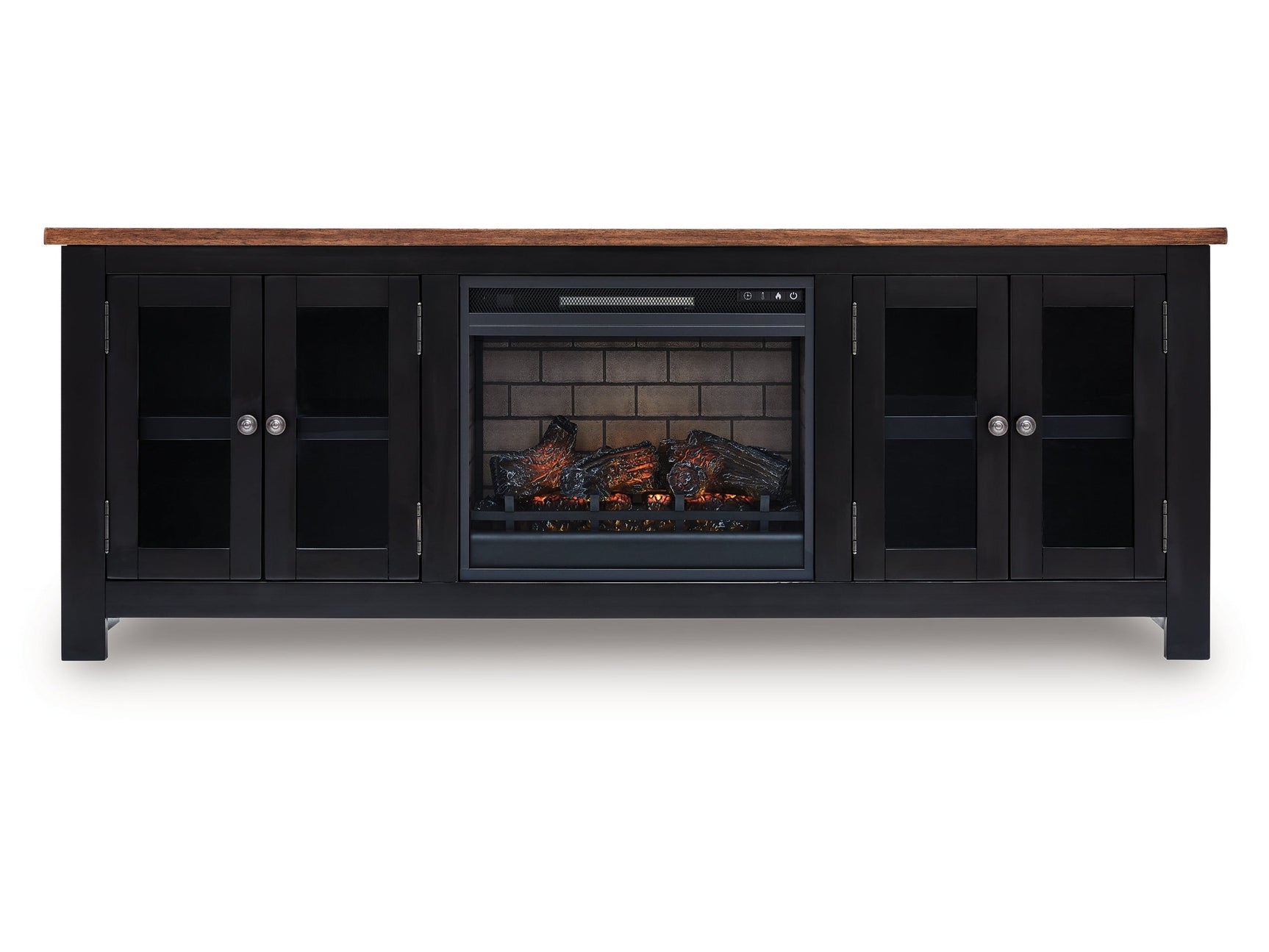Wildenauer Brown/Black 76" TV Stand with Electric Fireplace (realistic-looking log) - Ornate Home
