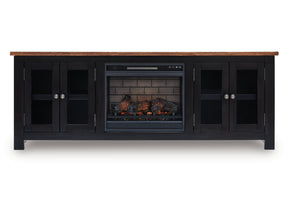 Wildenauer Brown/Black 76" TV Stand with Electric Fireplace (realistic-looking log) - Ornate Home