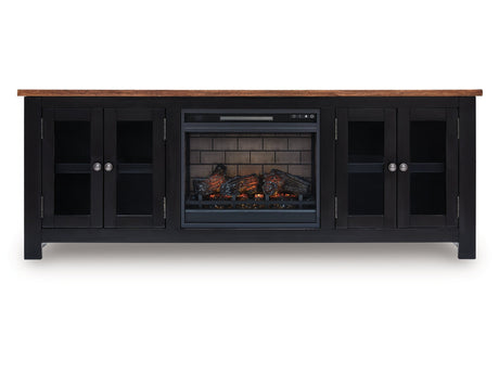 Wildenauer Brown/Black 76" TV Stand with Electric Fireplace (realistic-looking log) - Ornate Home
