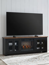 Wildenauer Brown/Black 76" TV Stand with Electric Fireplace (realistic-looking log) - Ornate Home