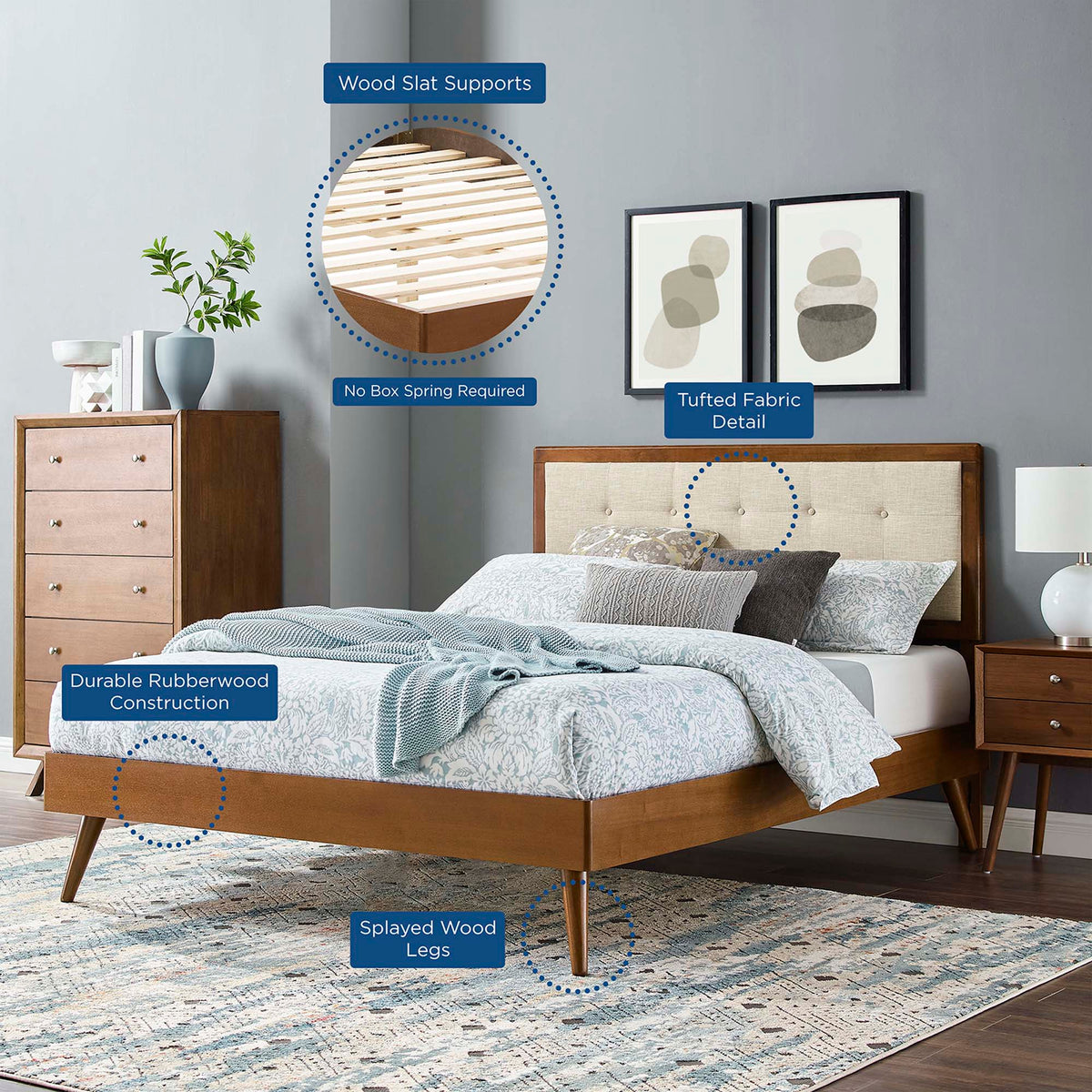 Willow Walnut/Beige Wood King Platform Bed With Splayed Legs - Ornate Home