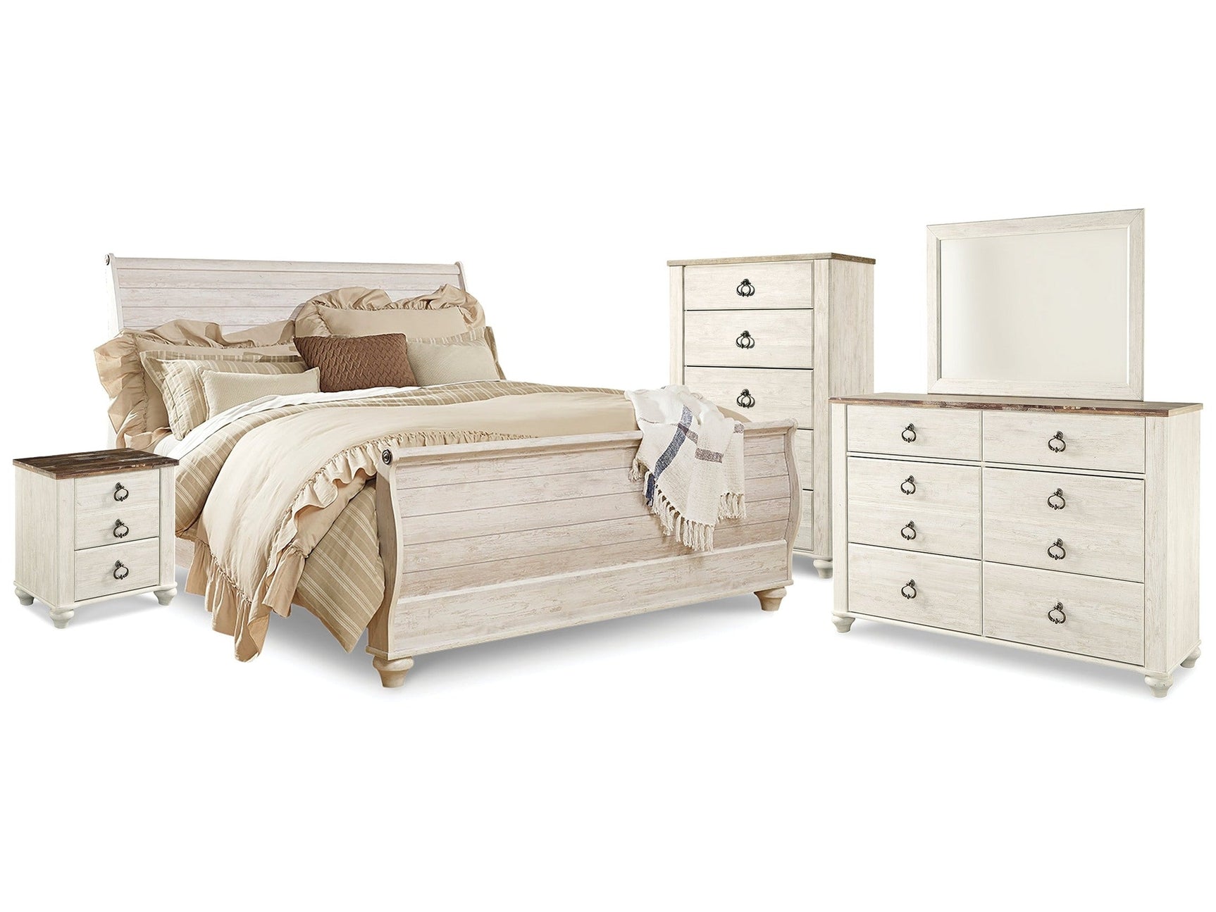 Willowton  King Sleigh Bed & Dresser & Mirror & Chest & Nightstand (Online Special Price) - Ornate Home