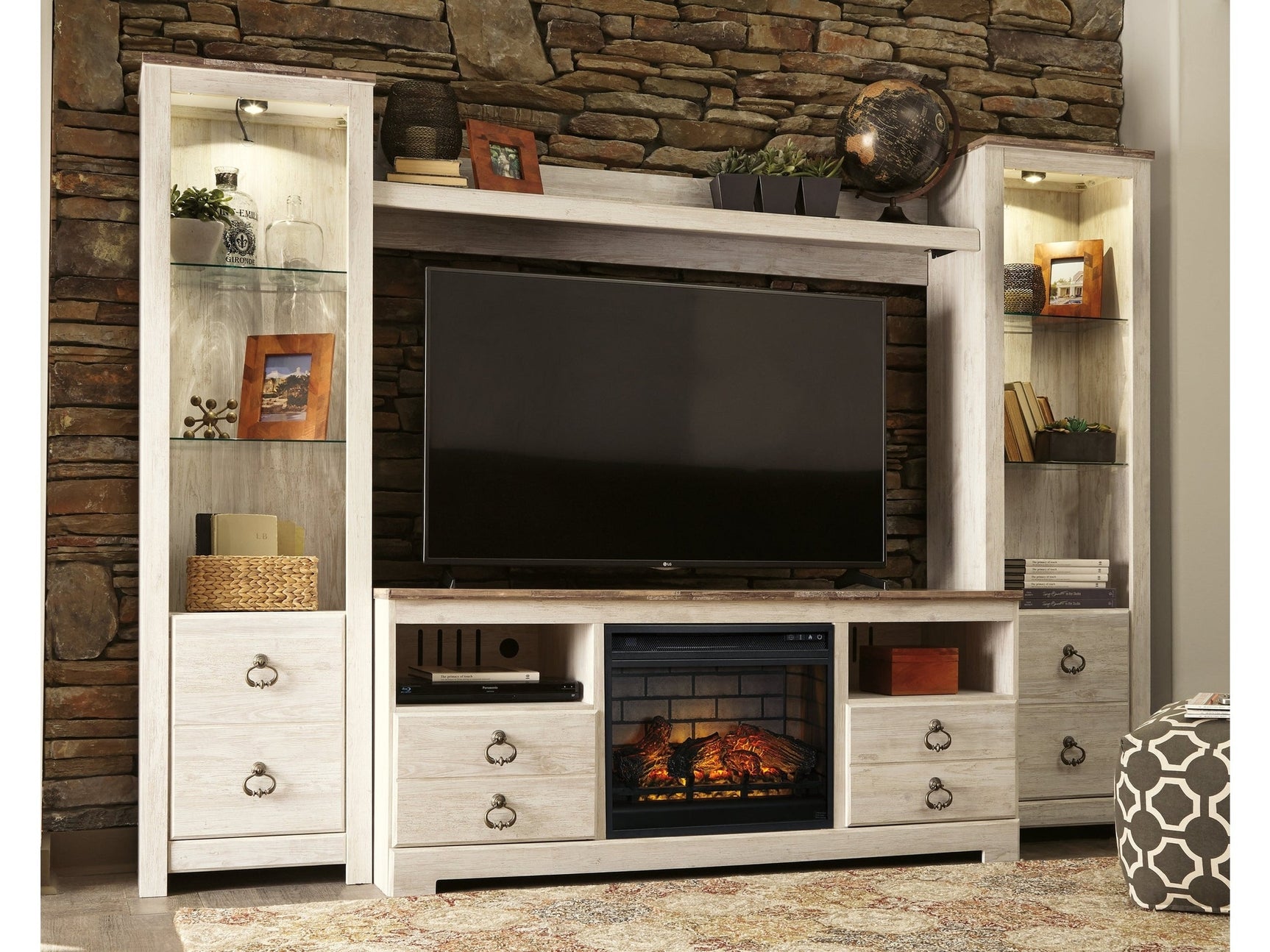 Willowton Whitewash 4-Piece Entertainment Center with Electric Fireplace (Online Special Price) - Ornate Home