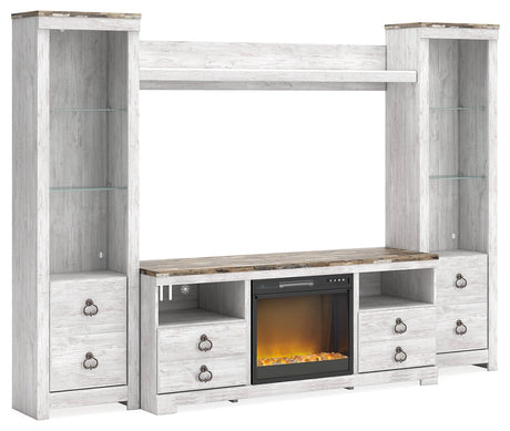 Willowton Whitewash 4-Piece Entertainment Center with Electric Fireplace - Ornate Home