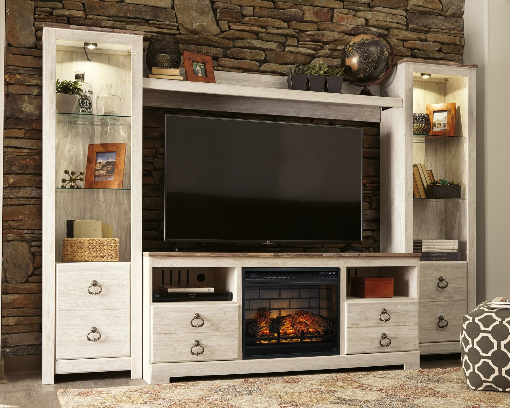 Willowton Whitewash 4-Piece Entertainment Center with Electric Fireplace - Ornate Home