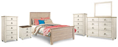 Willowton Whitewash Full Panel Bedroom Set with Dresser, Mirror, 2 Chests and nightstand - Ornate Home