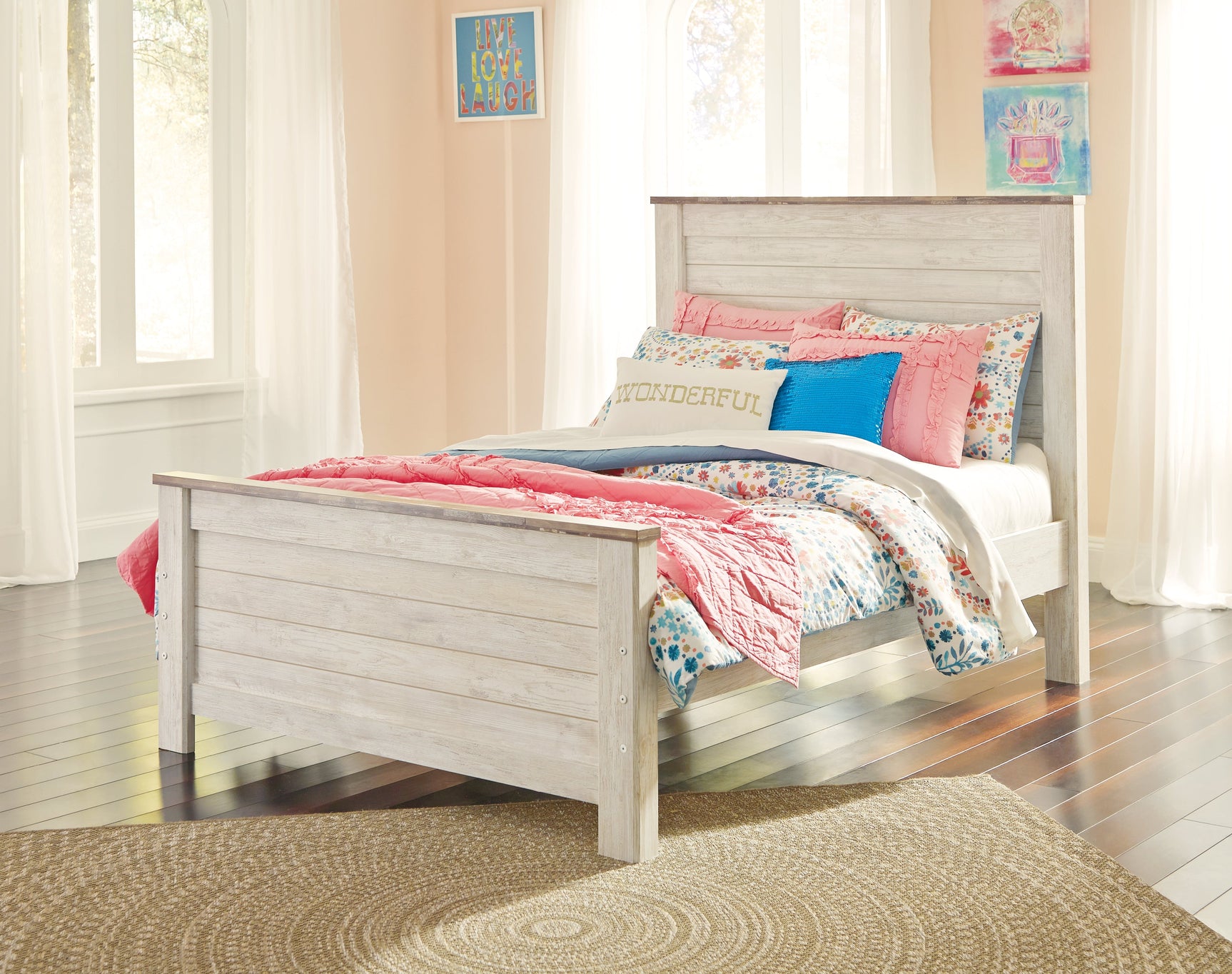 Willowton Whitewash Full Panel Bedroom Set with Dresser, Mirror, Chest and Nightstand (Online Special Price) - Ornate Home