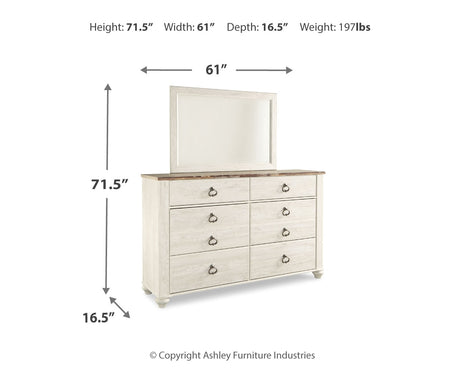 Willowton Whitewash Full Panel Bedroom Set with Dresser, Mirror, Chest and Nightstand - Ornate Home