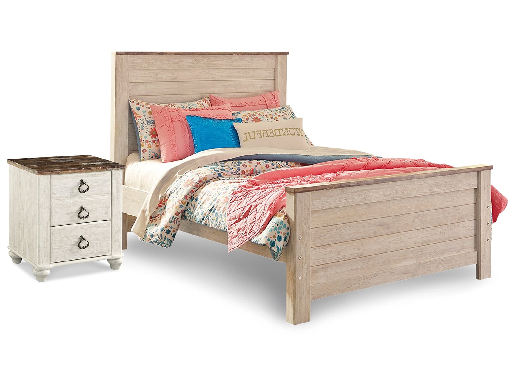Willowton Whitewash Full Panel Bedroom Set with Nightstand (Online Special Price) - Ornate Home