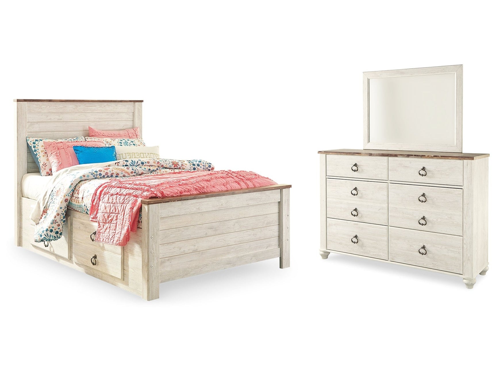 Willowton Whitewash Full Panel Bedroom Set with Storage, Dresser and Mirror (Online Special Price) - Ornate Home
