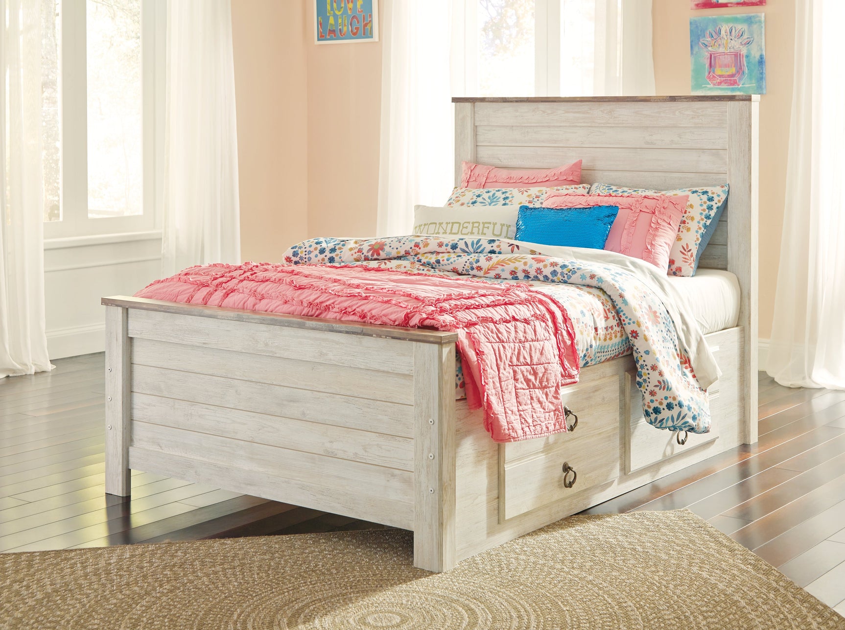 Willowton Whitewash Full Panel Bedroom Set with Storage, Dresser and Mirror (Online Special Price) - Ornate Home