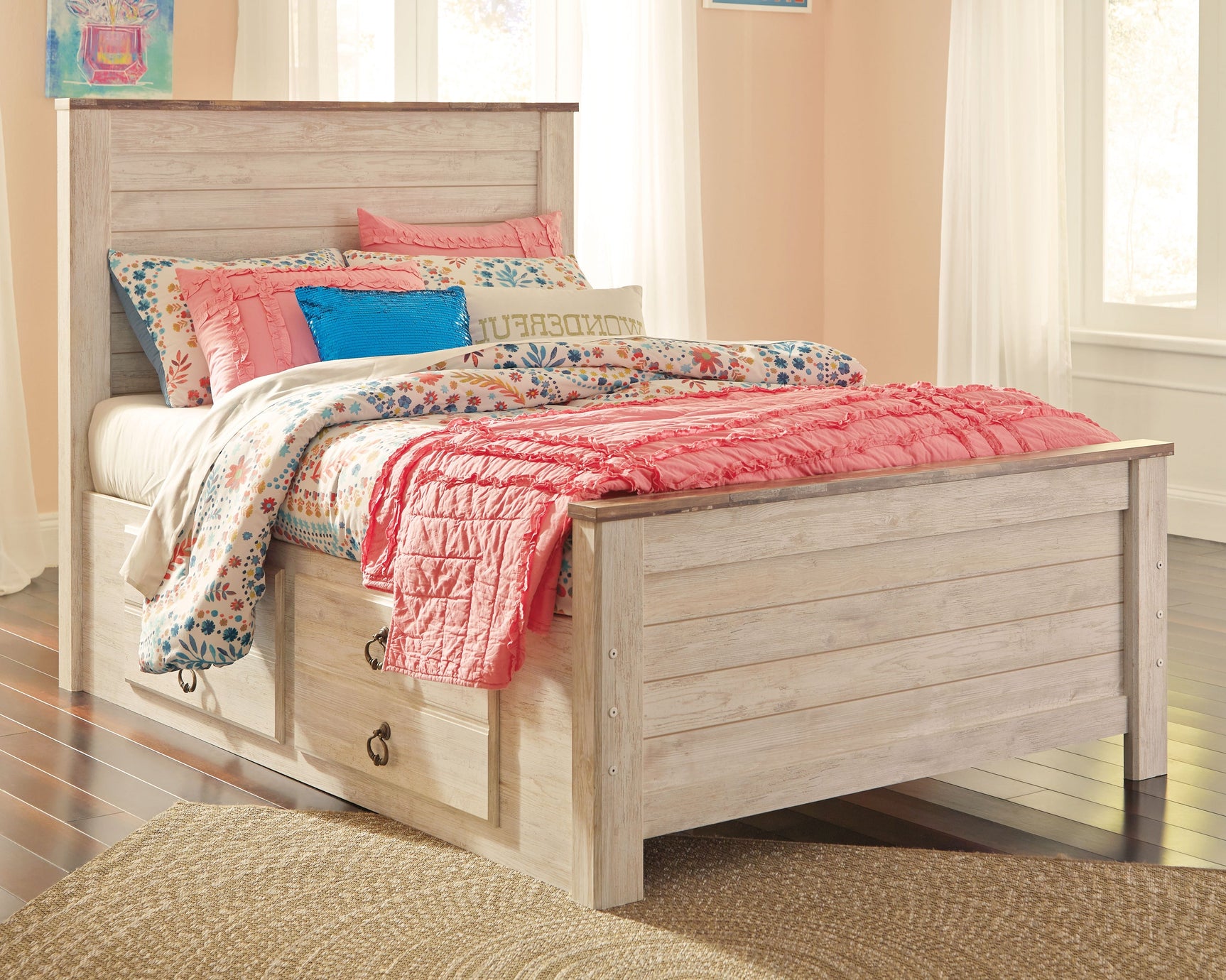 Willowton Whitewash Full Panel Bedroom Set with Storage and Nightstand (Online Special Price) - Ornate Home