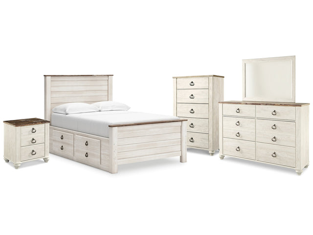 Willowton Whitewash Full Panel Bedroom Set with storage, Dresser, Mirror, Chest and Nightstand - Ornate Home
