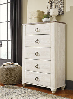 Willowton Whitewash Full Panel Bedroom Set with storage, Dresser, Mirror, Chest and Nightstand - Ornate Home