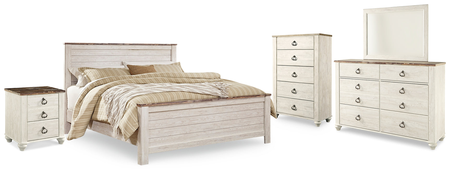 Willowton Whitewash King Panel Bed, Dresser, Mirror, Chest and Nightstand - Ornate Home