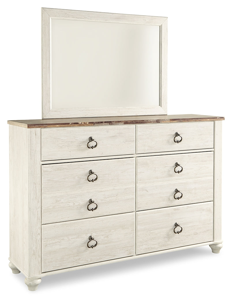 Willowton Whitewash King Panel Bed, Dresser, Mirror, Chest and Nightstand - Ornate Home