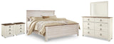 Willowton Whitewash King Panel Bed, Dresser, Mirror and 2 Nightstands - Ornate Home