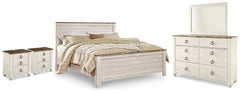 Willowton Whitewash King Panel Bed, Dresser, Mirror and 2 Nightstands - Ornate Home