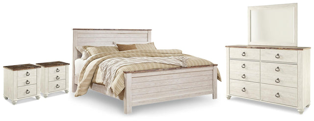 Willowton Whitewash King Panel Bed, Dresser, Mirror and 2 Nightstands - Ornate Home