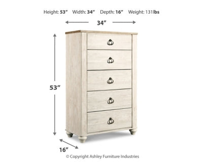 Willowton Whitewash King Panel Bedroom Set with Dresser, Mirror, Chest and 2 Nightstands (Online Special Price) - Ornate Home