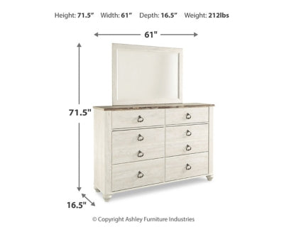 Willowton Whitewash King Panel Bedroom Set with Dresser, Mirror, Chest and 2 Nightstands (Online Special Price) - Ornate Home