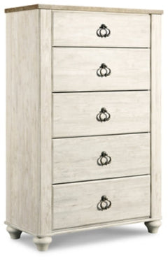 Willowton Whitewash King Panel Bedroom Set with Dresser, Mirror, Chest and 2 Nightstands - Ornate Home