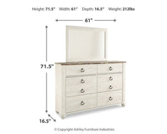 Willowton Whitewash King Panel Bedroom Set with Dresser, Mirror, Chest and 2 Nightstands - Ornate Home