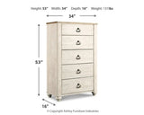 Willowton Whitewash King Panel Bedroom Set with Dresser, Mirror, Chest and 2 Nightstands - Ornate Home